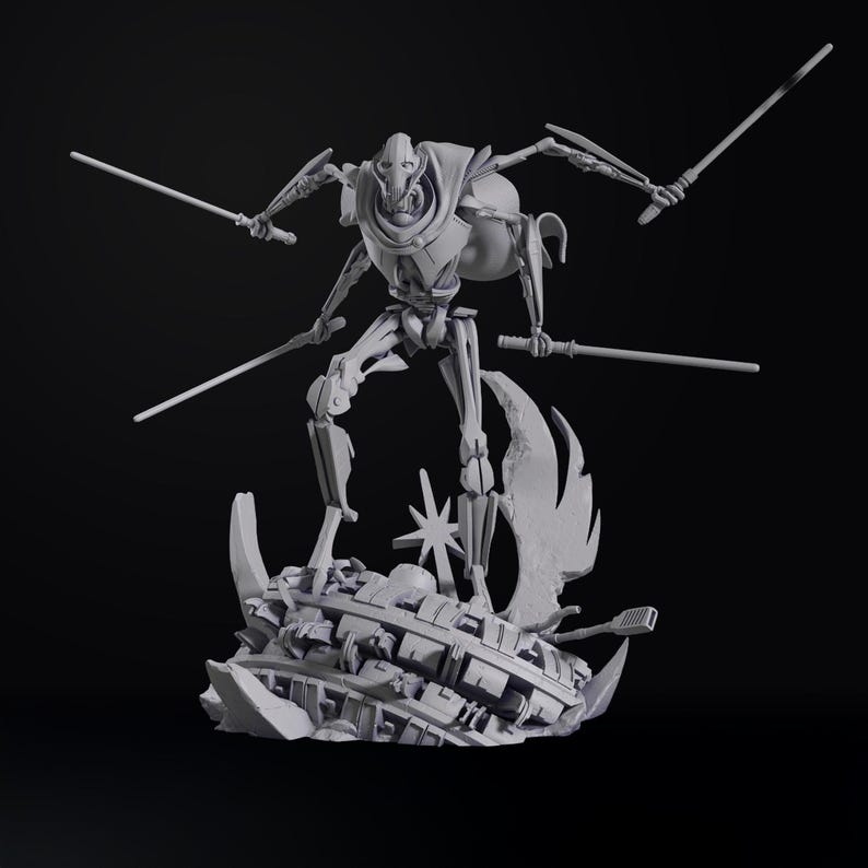 May include: A gray General Grievous figurine, a fictional character from the Star Wars franchise, stands on a detailed base. The figure is holding four lightsabers. The base features a star and a crashed spaceship.