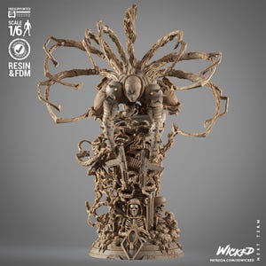 May include: A detailed, beige-colored figurine of a character with a large, spidery crown and armored shoulders. The figure is posed atop a base with skulls, weapons, and intricate details. The text "SCALE 1/6" is visible.