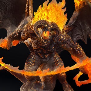 May include: A detailed figurine of a fiery demon with large wings, horns, and a flaming mane. The figure is predominantly dark brown with orange and yellow highlights, and a fiery aura surrounds it. The creature is posed in a dynamic, powerful stance.