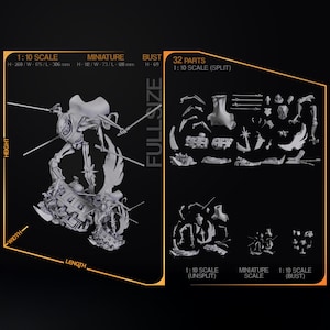 May include: A detailed, gray 1:10 scale miniature model of a character with multiple parts. The model is approximately 10.5 inches tall, 6.9 inches wide, and 12 inches long. The image also shows a miniature scale and bust version.