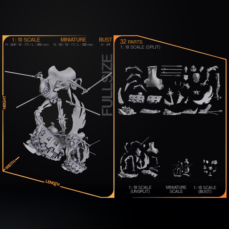 May include: A detailed, gray 1:10 scale miniature model of a character with multiple parts. The model is approximately 10.5 inches tall, 6.9 inches wide, and 12 inches long. The image also shows a miniature scale and bust version.