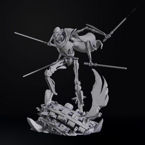 May include: A detailed, gray figurine of a humanoid robot, General Grievous, holding four lightsabers. The figure is posed dynamically, standing on a pile of debris. The robot has a cape and a distinctive skeletal design, with a menacing expression.