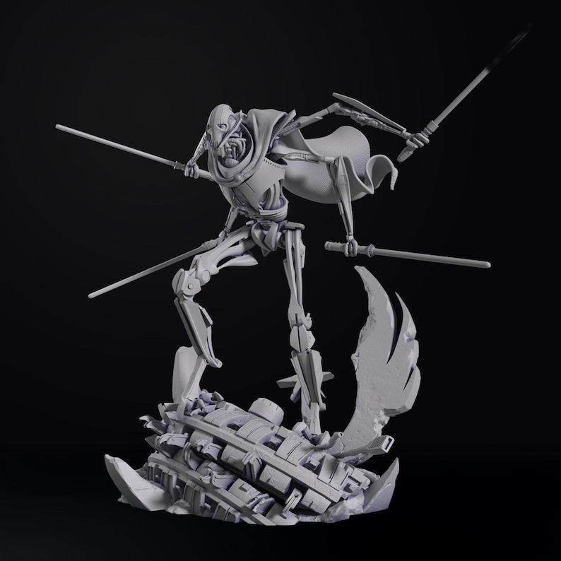 May include: A detailed, gray figurine of a humanoid robot, General Grievous, holding four lightsabers. The figure is posed dynamically, standing on a pile of debris. The robot has a cape and a distinctive skeletal design, with a menacing expression.