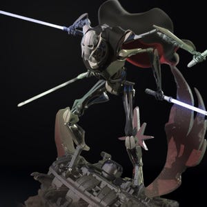 May include: A detailed figurine of General Grievous from Star Wars, posed dynamically with four lightsabers emitting a blue glow. The figure is metallic silver and black, with a dark cape and stands on a detailed base.