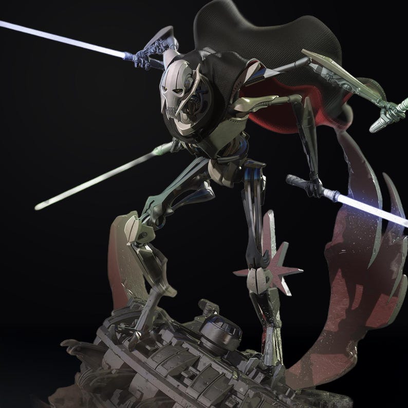 May include: A detailed figurine of General Grievous from Star Wars, posed dynamically with four lightsabers emitting a blue glow. The figure is metallic silver and black, with a dark cape and stands on a detailed base.