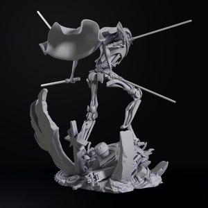 May include: A gray figurine of a humanoid figure with a cape, holding two lightsabers, posed dynamically atop a pile of rubble. The figure is in a fighting stance, with one leg raised. The background is a solid black.