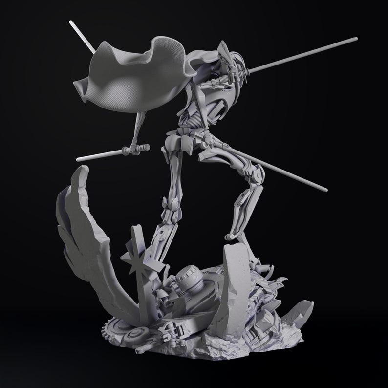 May include: A gray figurine of a humanoid figure with a cape, holding two lightsabers, posed dynamically atop a pile of rubble. The figure is in a fighting stance, with one leg raised. The background is a solid black.