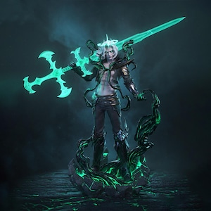 Puede incluir: Figura detallada de un personaje con cabello blanco, sosteniendo una espada verde brillante. La figura está adornada con ropa oscura con detalles verdes, de pie sobre una base de piedra con energía verde fluida. La estética general es de fantasía.