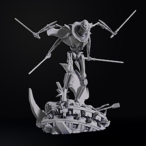May include: A gray General Grievous statue with four arms holding lightsabers. The figure stands on a detailed, textured base of what appears to be a spaceship or debris. The statue is set against a dark background.