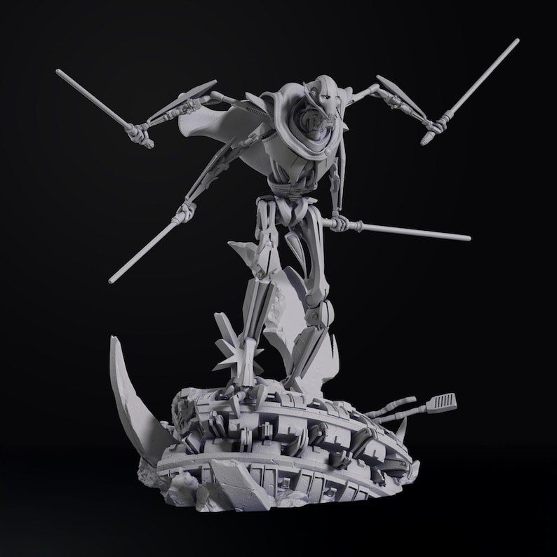 May include: A gray General Grievous statue with four arms holding lightsabers. The figure stands on a detailed, textured base of what appears to be a spaceship or debris. The statue is set against a dark background.