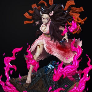 Könnte beinhalten: Detaillierte Figur eines Charakters aus der Anime-Serie Demon Slayer. Die Figur ist dynamisch posiert, mit langen schwarzen Haaren, einem rosa Kimono und feurigen rosa Effekten. Die Figur steht auf einem detaillierten Dach mit einem wilden Gesichtsausdruck.