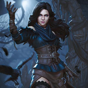 Könnte beinhalten: Detaillierte Illustration eines Charakters aus der The Witcher-Serie. Die Figur trägt ein dunkelblaues Oberteil, ein braunes Korsett und Handschuhe. Die Figur hat lange schwarze Haare und ist von einem dunklen Fantasy-Hintergrund mit einem Raben umgeben.