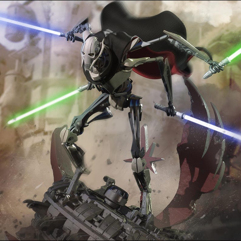 May include: A digital illustration of a robotic figure with a skeletal face, cape, and multiple arms wielding glowing lightsabers. The figure is posed dynamically, standing on a pile of debris, with a background of a futuristic cityscape.