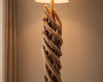 Ręcznie robiona lampa podłogowa z drewna dryftowego | Rustykalna lampa stojąca z drewna | Oświetlenie nadmorskie | Lampa podłogowa w stylu japońskim | Organiczny, nowoczesny wystrój domu