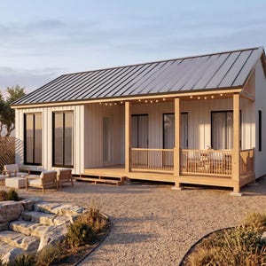 May include: A modern, white house with a metal roof and a wooden porch. The house has large windows and is surrounded by a stone wall and landscaping. The house is on a hill overlooking the ocean.