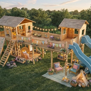 May include: A wooden playset with two elevated structures, connected by a wooden bridge. Features include a slide, climbing wall, swing, and seating areas. Decorated with flowers and string lights, set on a grassy lawn.