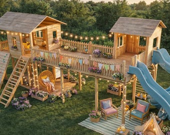 May include: A wooden playset with two elevated structures, connected by a wooden bridge. Features include a slide, climbing wall, swing, and seating areas. Decorated with flowers and string lights, set on a grassy lawn.