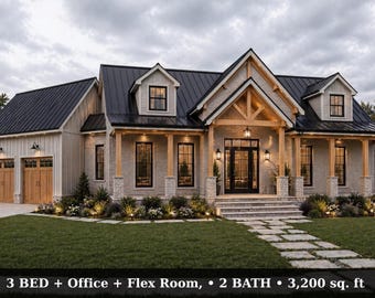 Plan de maison de type barndominium : 3 chambres – Maison de 3 200 pieds carrés avec bureau, pièce polyvalente et garage double