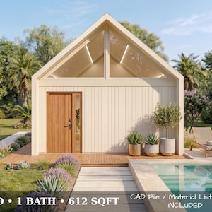 Modern Tiny House Plan with Cost Breakdown, 1 Bedroom Small Cabin, 612 Sq Ft House Plan PDF, CAD File + Material List, Build Ready