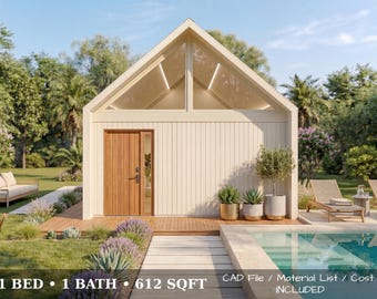 Modern Tiny House Plan with Cost Breakdown, 1 Bedroom Small Cabin, 612 Sq Ft House Plan PDF, CAD File + Material List, Build Ready