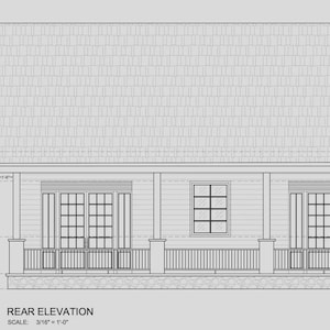 Peut inclure: Un dessin architectural technique d'une &eacute;l&eacute;vation arri&egrave;re montrant une maison avec un toit &agrave; pignon, un porche couvert avec colonnes et balustrades, deux portes-fen&ecirc;tres et une fen&ecirc;tre centrale. Les niveaux indiqu&eacute;s sont Main Ridge Level +26'-03", Upper Eave Level +13'-06", Lower Eave Level +11'-08", Lintel Level +10'-8", Sill Level +5'-2", Ground Floor Level +2'-00" et Ground Level 0'-00".