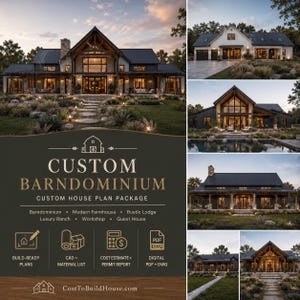 May include: A digital house plan package for a custom barndominium featuring multiple exterior views of large homes with dark metal roofs, wood accents, and stone details. The text includes Custom Barndominium, Custom House Plan Package, and CostToBuildHouse.com.