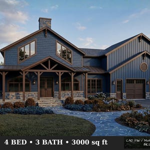 May include: A two-story blue house with a stone foundation, a covered front porch, and a two-car garage. The exterior features vertical siding and shingle accents. Text at the bottom reads: 4 BED • 3 BATH • 3000 sq ft CAD File / Material List / Cost INCLUDED.