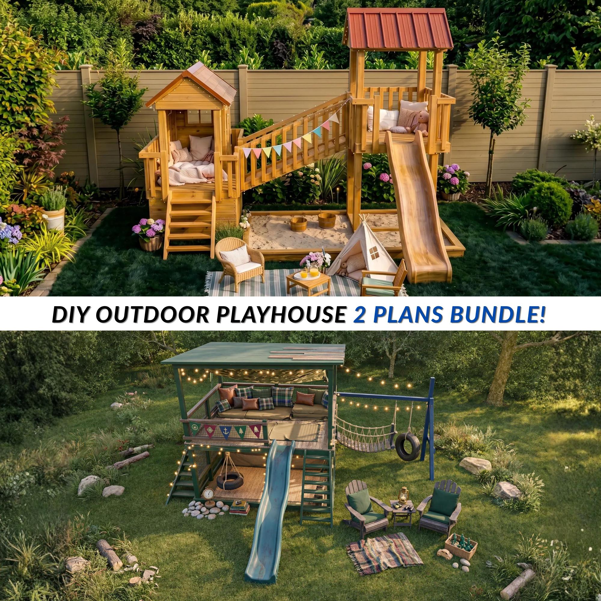 DIY Playhouse Plans Bundle, 2 Outdoor Wooden Playset Plans, Backyard Playground with Slide Swing Bridge, PDF Building Plans