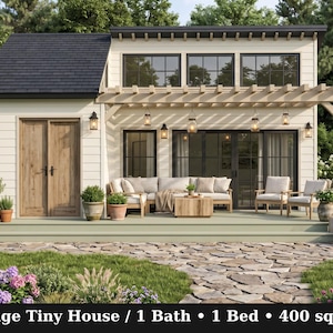 May include: A cottage tiny house with white siding, a dark roof, and a wooden door. The exterior features a deck with a sectional sofa, two chairs, and a pergola with hanging lights. Text at the bottom reads: Cottage Tiny House / 1 Bath / 1 Bed / 400 sq ft.