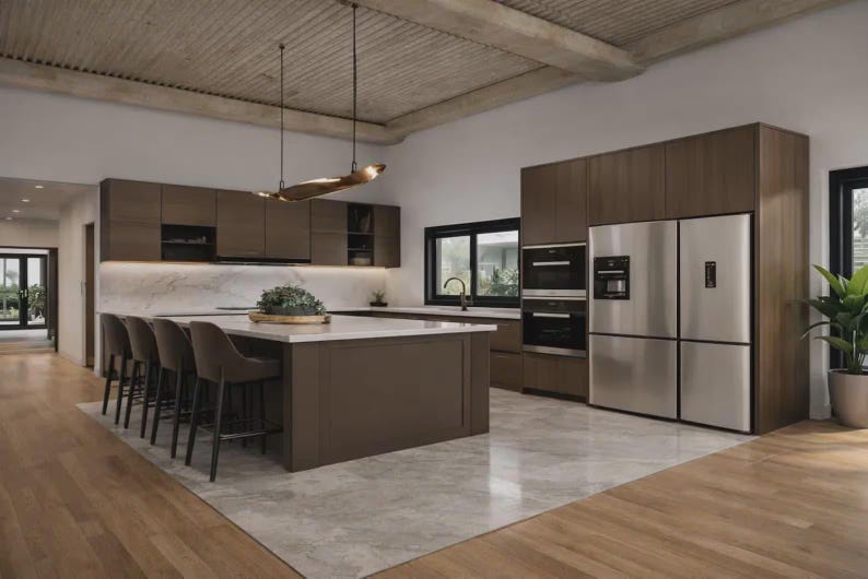 Peut inclure: Une cuisine &eacute;quip&eacute;e d'armoires en bois fonc&eacute;, d'un grand &icirc;lot central avec un comptoir blanc et de quatre tabourets sombres. Les appareils en acier inoxydable incluent un four double et un r&eacute;frig&eacute;rateur. Une cr&eacute;dence en marbre est visible.