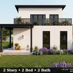 May include: A two-storey house with white exterior walls, black window frames, and a second-floor balcony with a glass railing. The ground floor features a covered porch with potted plants. Text at the bottom reads: 2 Story • 2 Bed • 2 Bath.