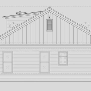 Peut inclure: Un dessin architectural d'&eacute;l&eacute;vation lat&eacute;rale droite d'une maison avec un toit &agrave; pignon, un bardage vertical et un porche couvert. Le sch&eacute;ma comprend des &eacute;tiquettes techniques pour les niveaux, les pentes de toit et le texte RIGHT-SIDE ELEVATION.