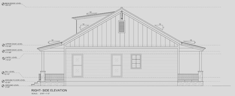 Peut inclure: Un dessin architectural d'&eacute;l&eacute;vation lat&eacute;rale droite d'une maison avec un toit &agrave; pignon, un bardage vertical et un porche couvert. Le sch&eacute;ma comprend des &eacute;tiquettes techniques pour les niveaux, les pentes de toit et le texte RIGHT-SIDE ELEVATION.