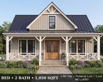 Modern Farmhouse Plan 3 Bedroom with Cost Breakdown, 1050 Sq Ft House Plan PDF, Small Home Blueprint / CAD File + Material List, Build Ready