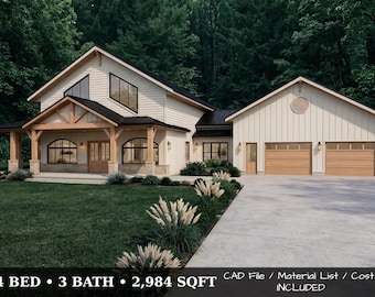 Modern Farmhouse Plan with Detached Garage, 4 Bedroom House Blueprint, Open Concept Living, Loft Floor Plan, 2 Story Home Design PDF