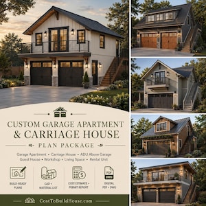 May include: A custom garage apartment and carriage house plan package featuring architectural renderings of multi-story structures with garages, balconies, and exterior staircases. Includes text for build-ready plans, CAD, and material lists.