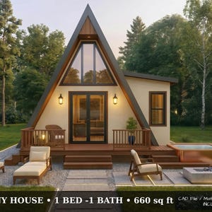 May include: A tiny house with an A-frame design, featuring a wooden deck, a hot tub, and outdoor seating. The structure includes a large triangular window, glass doors, and a side extension. Text reads: TINY HOUSE • 1 BED - 1 BATH • 660 sq ft.