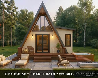 Puede incluir: Una casa pequeña con diseño en forma de A, que cuenta con una terraza de madera, un jacuzzi y asientos al aire libre. La estructura incluye una gran ventana triangular, puertas de cristal y una extensión lateral. Texto: TINY HOUSE • 1 BED - 1 BATH • 660 sq ft.