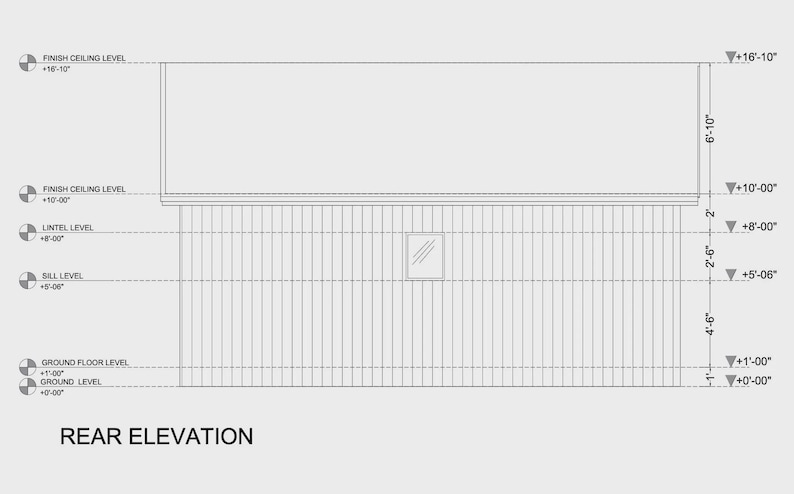 Peut inclure: Un dessin architectural technique intitul&eacute; REAR ELEVATION montrant une fa&ccedil;ade de b&acirc;timent avec un bardage vertical et une fen&ecirc;tre unique. Le diagramme inclut des marqueurs d'&eacute;l&eacute;vation pour le sol, le plancher, le seuil, le linteau et le plafond en unit&eacute;s imp&eacute;riales.