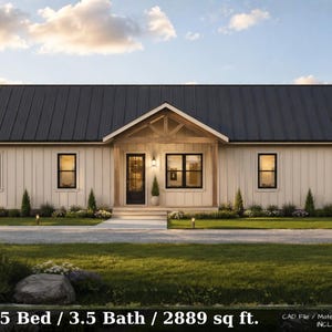 May include: A single-story house with white vertical siding, a dark metal roof, and a central covered porch with wooden beams. The front facade features black-framed windows and a black door. Text at the bottom reads 5 Bed / 3.5 Bath / 2889 sq ft.
