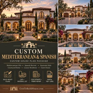 May include: A custom house plan package featuring Mediterranean and Spanish architectural designs. The display includes multiple exterior views of villas with arched doorways, tiled roofs, and courtyards, alongside icons for CAD, PDF, and cost reports.