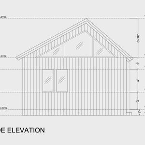 Peut inclure: Un dessin architectural technique intitul&eacute; LEFT SIDE ELEVATION montrant l'ext&eacute;rieur d'un b&acirc;timent avec un bardage vertical, deux fen&ecirc;tres rectangulaires et une section de fen&ecirc;tre triangulaire sous le toit, avec des cotes de 0'-0" &agrave; 16'-10".