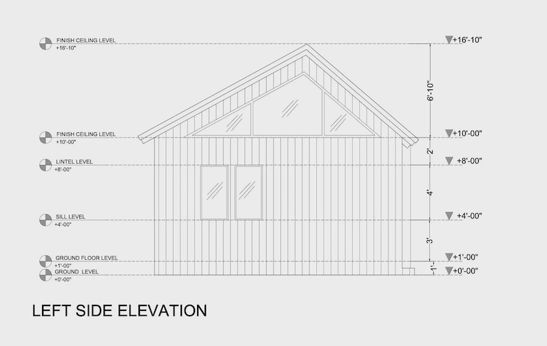 Peut inclure: Un dessin architectural technique intitul&eacute; LEFT SIDE ELEVATION montrant l'ext&eacute;rieur d'un b&acirc;timent avec un bardage vertical, deux fen&ecirc;tres rectangulaires et une section de fen&ecirc;tre triangulaire sous le toit, avec des cotes de 0'-0" &agrave; 16'-10".