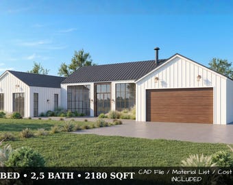 Modern Farmhouse House Plan 4 Bedroom with Cost Breakdown, 2180 Sq Ft, Open Concept Ranch Home Blueprint / CAD + Material List, Build Ready
