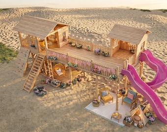 Kids Playhouse Plans with Slide & Bridge, Outdoor Wooden Playground DIY, Treehouse Fort Plans, Backyard Playset PDF, Step by Step Build