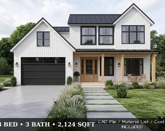 Modern Farmhouse House Plan 3 Bedroom 2 Story | Full Construction Set with CAD Files, Material List, Cost Report | Instant Download PDF