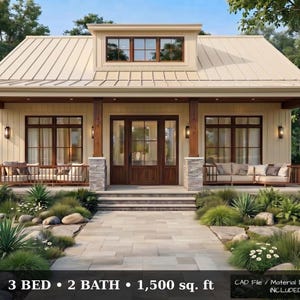 Ensemble de plans de maison de style cottage : plan d’une maison de 140 m² avec 3 chambres + plan d’une mini-maison, plan d’un chalet indépendant d’une chambre (PDF) image 2