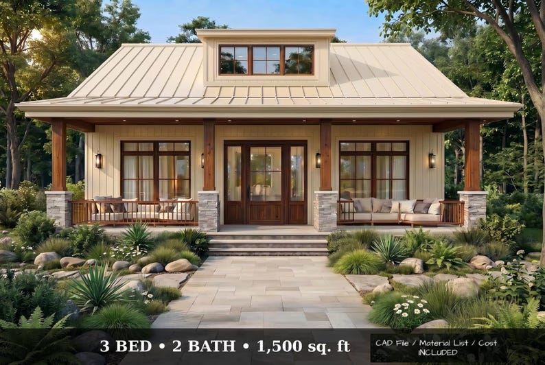 Ensemble de plans de maison de style cottage : plan d’une maison de 140 m² avec 3 chambres + plan d’une mini-maison, plan d’un chalet indépendant d’une chambre (PDF) image 2