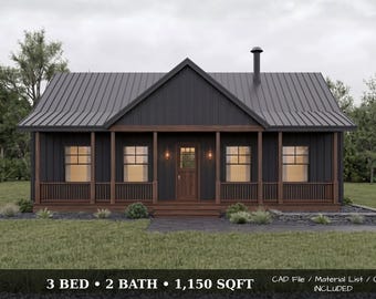 3 Bedroom Modern Farmhouse Plans | 2 Bath Single Story Home | PDF + CAD Files + Cost Breakdown | Sunroom Flex Space, Full Build Set Download