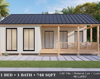 Tiny House Plan PDF 748 Sq Ft | 1 Bedroom + Terrace | CAD File Material List, Lumber Cut List, Cost Breakdown Included